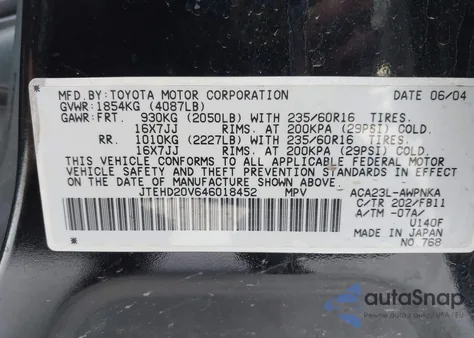 2004 Toyota Rav4 from USA, damaged, VIN JTEHD20V646018452